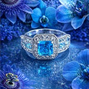 Blue Gemstone and Lab Created Diamond Ring